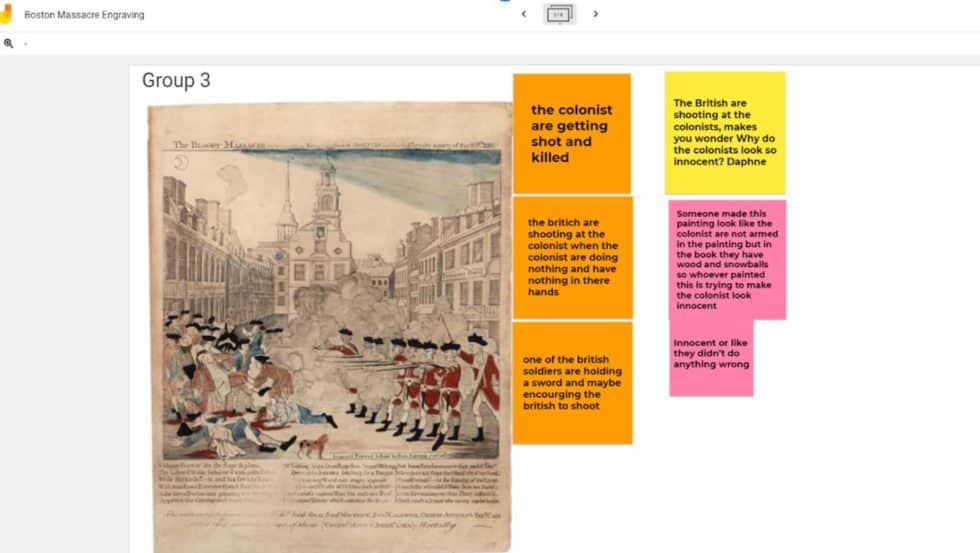 Virtual “Notice and Wonders” by Baltimore 4th graders about Paul Revere’s engraving of the Boston Massacre.